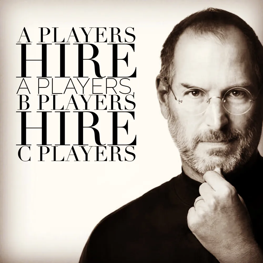 A portrait of Steve Jobs beside the line “A players hire A players, B players hire C players”