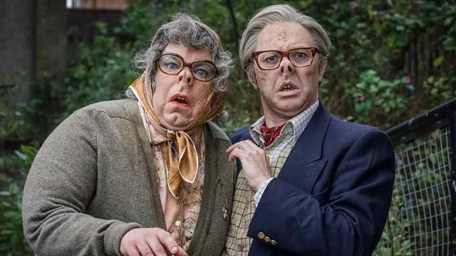 Two elderly characters peering suspiciously over a fence