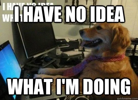 A dog sitting at a computer, captioned “I have no idea what I’m doing”