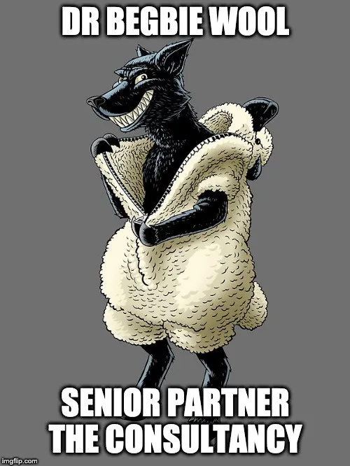 A cartoon sheep in a wolf costume, captioned “Dr Begbie Wool, senior partner, The Consultancy”