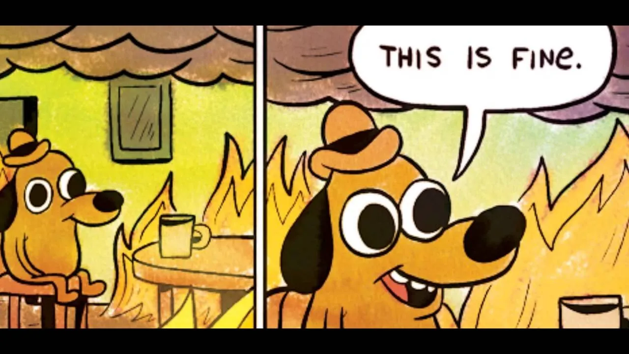 The “this is fine” cartoon dog sitting calmly in a burning room