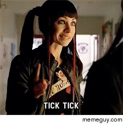 A woman in a leather jacket, captioned “tick tick”